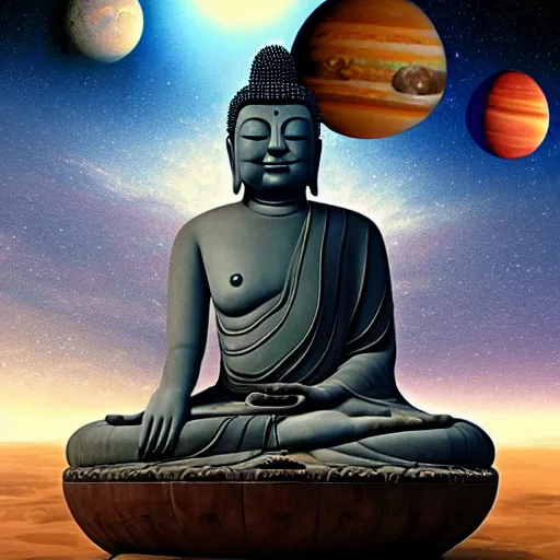 Image similar to giant Buddha floating among the planets in the solar system, oil on canvas, intricate, 8k highly professionally detailed, HDR, CGsociety