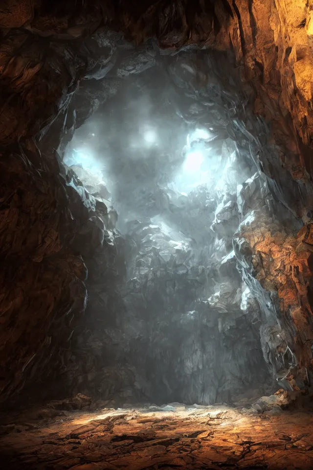 Prompt: the bottom cave has a huge bronze door and a dark spectacular atmosphere ， super wide angle ， matte painting ， rtx on ， trending on cgsociety and artstation, unreal engine ， volumetric light ， surreal
