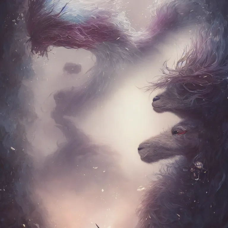 Image similar to highly detailed portrait of emo alpacas, eyeshadow, emo makeup, piercings, unreal engine, dark fantasy art by greg rutkowski, loish, rhads, ferdinand knab, makoto shinkai and lois van baarle, ilya kuvshinov, rossdraws, tom bagshaw, alphonse mucha, global illumination, radiant light, detailed and intricate environment