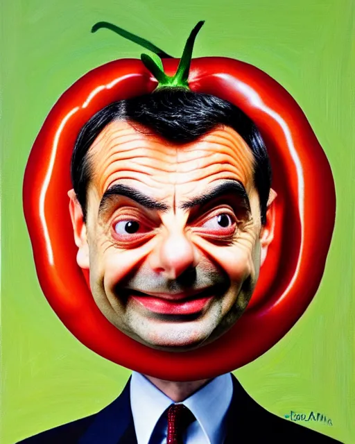 Prompt: portrait of mr bean smiling in a bowl full of baked beans, his face made of beans and tomato sauce, mr bean face, oil painting, highly detailed