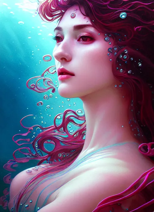 Prompt: an underwater photographic portrait of a woman created out of ruby gemstone, cinematic, volumetric lighting, beautiful fantasy, intricate, elegant, highly detailed, digital painting, artstation, concept art, smooth, sharp focus, illustration, art by ayami kojima, artgerm and h r giger and alphonse mucha