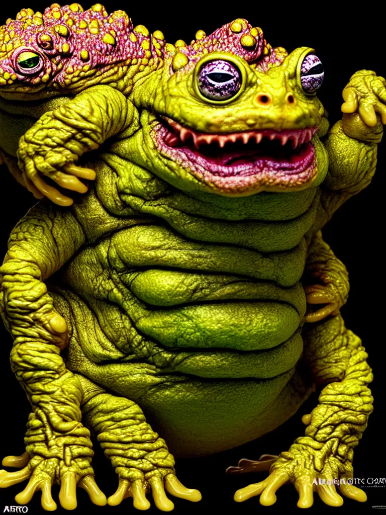 Image similar to hyperrealistic rendering, fat smooth cronenberg flesh monster toad kaiju by by art of skinner and richard corben, eyeballs, product photography, action figure, sofubi, studio lighting, colored gels, colored background