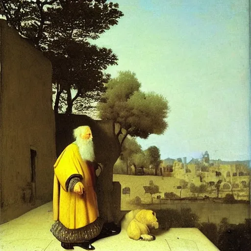 Prompt: old man ( wise long white beard wearing a hooded tunic ) riding on lions back by vermeer