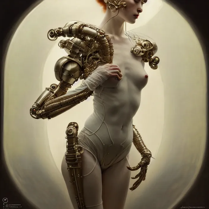 Image similar to porcelain cyborg, french empire style porcelain exoskeleton, diffuse lighting, fantasy, intricate, elegant, highly detailed, lifelike, photorealistic, digital painting, artstation, illustration, concept art, smooth, sharp focus, art by John Collier and Albert Aublet and Krenz Cushart and Artem Demura and Alphonse Mucha