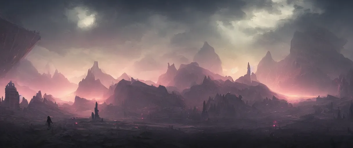 Prompt: field of large rebel city on mountain, concept art, digital painting, style of jordan grimmer, warm lighting, futuristic, volumetric lighting, view from below,dark, nighttime, godrays, high detail