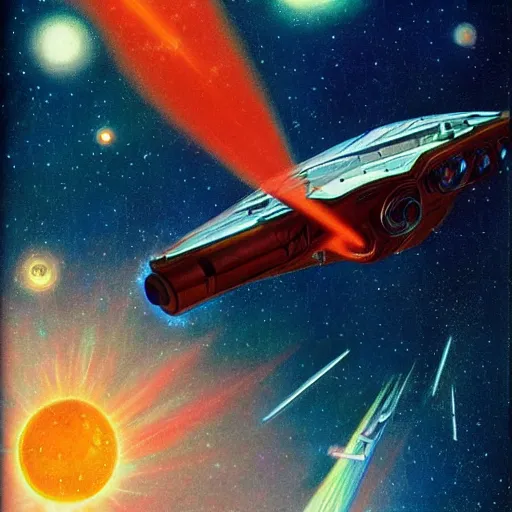 Prompt: starship laser battle, nebula, retro, 1960's sci fi, concept art, style of gerald brom and jean giraud,