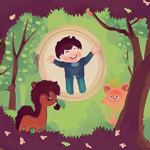 Prompt: a beautiful illustration of a little cute boy smiling in a forest and different animals circle around him, digital art