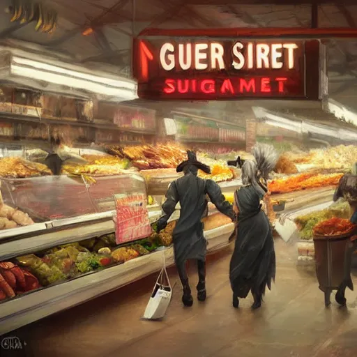 Image similar to digital painting of a super market deli shopping elegant but deadly chicogriff, griffin chicogriff hybrid monster, by Greg Rutkowski, magic the gathering concept art, trending on artstation, 4k resolution, ((in a super market Costco))