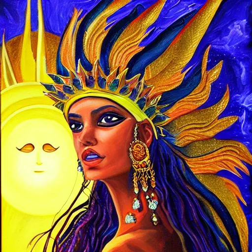 Prompt: an acrylic on canvas portrait painting of the Sun Goddess. Epic fantasy art.