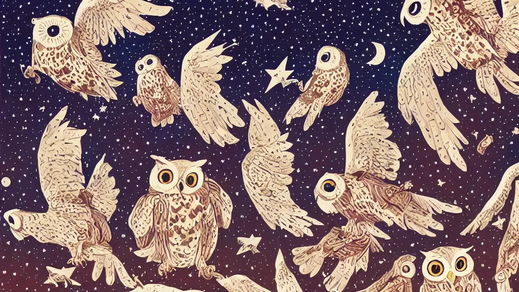 Prompt: very detailed, ilya kuvshinov, mcbess, rutkowski, watercolor quilt illustration of owls flying at night, stars, colorful, deep shadows, astrophotography, highly detailed, wide shot