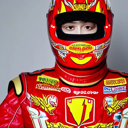 Prompt: a portrait of a beautiful young male wearing an alexander mcqueen armor made of Lightning McQueen race car , photographed by andrew thomas huang, artistic