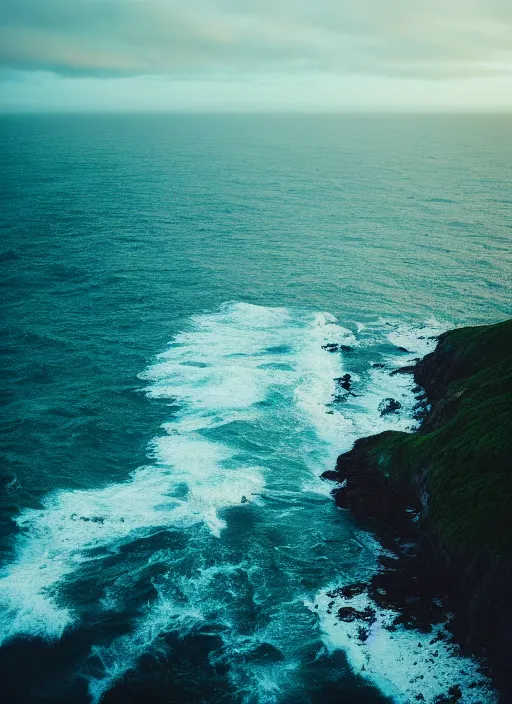 Image similar to a view of the ocean from a cliff, a tilt shift photo by liam wong, unsplash, naturalism, cinematic view, terragen, shot on 7 0 mm