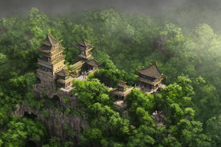 a giant ancient chinese castle in forest with some ivy | Stable Diffusion