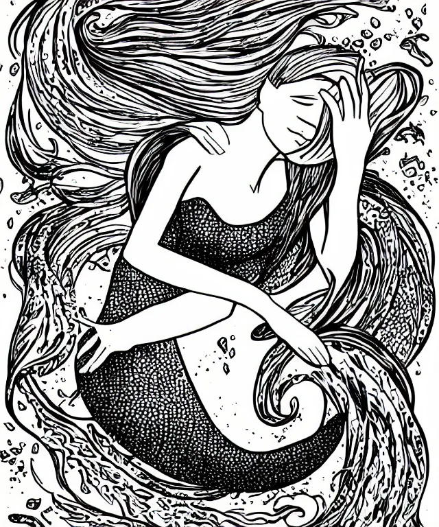 Image similar to black and white illustration, creative design, beautiful mermaid, full body, swimming in ocean