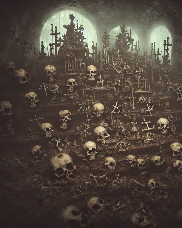 Image similar to full color, low wide shot of sedlec ossuary, bones, anime style mixed with fujifilm, dark, foggy, atmospheric, artstation, cgsociety, octane render, cgi, unreal engine 5, denoise, detailed, cinematic masterpiece