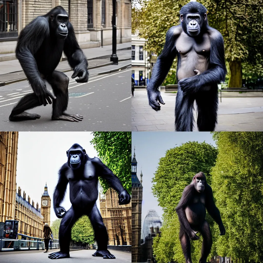 Prompt: A giant ape walking through London