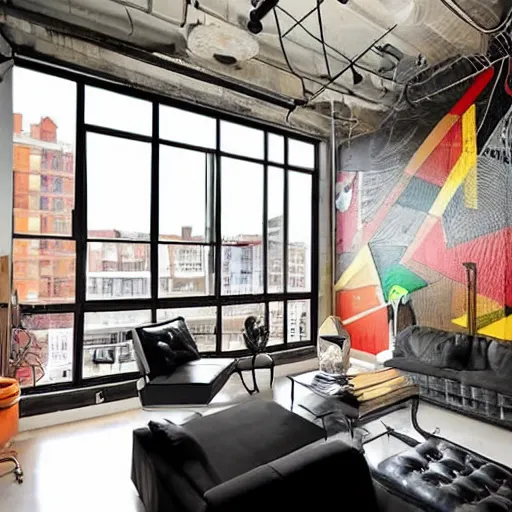Prompt: trendy downtown loft with modern murals on the wall, modern art and patterns, interior design, beautiful architecture