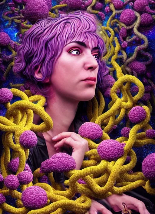 Image similar to hyper detailed 3d render like a Oil painting - Ramona Flowers with black hair in thick mascara seen Eating of the Strangling network of colorful yellowcake and aerochrome and milky Fruit and Her delicate Hands hold of gossamer polyp blossoms bring iridescent fungal flowers whose spores black the foolish stars by Jacek Yerka, Mariusz Lewandowski, Houdini algorithmic generative render, Abstract brush strokes, Masterpiece, Edward Hopper and James Gilleard, Zdzislaw Beksinski, Mark Ryden, Wolfgang Lettl, Dan Hiller, hints of Yayoi Kasuma, octane render, 8k