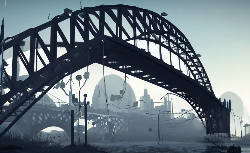 Image similar to a big harbour bridge collapses after explosions in the form of white cotton plants, 3 d octane render, epic lighting, 8 k, by goro fujita