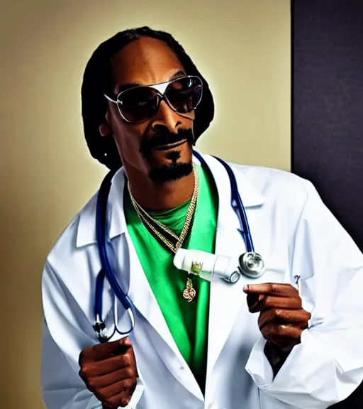 Image similar to Snoop Dogg dressed as a doctor trying to sell you weed