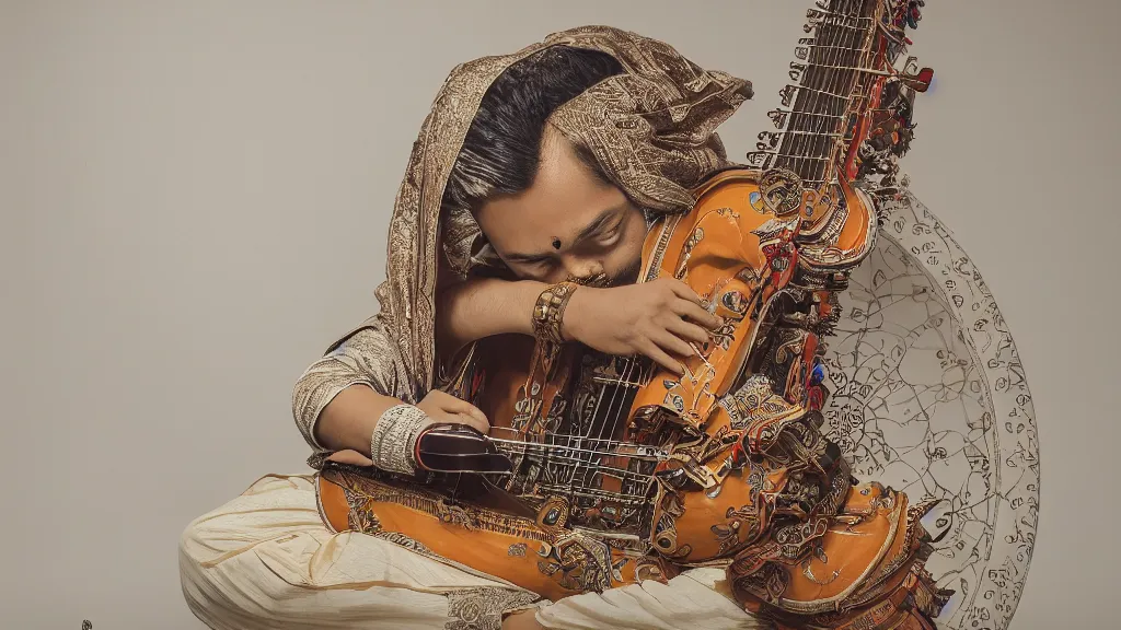 Prompt: indian music, sitar, fine details, studio lighting, subtle shadows, art by katsuya terada, photorealism, hyper realism, octane render, hyper detailed, canon eos r 3, f / 1. 4, iso 2 0 0, 1 / 1 6 0 s, medium shot, 8 k, raw, unedited, in - frame,