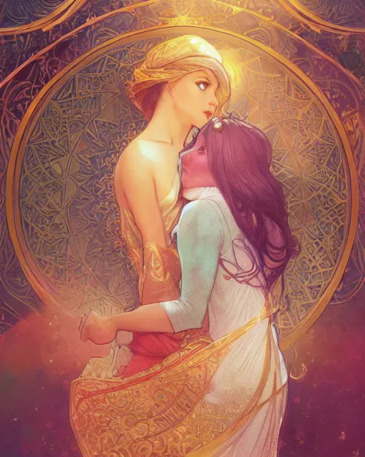 Image similar to an open quran highly detailed, gold filigree, romantic storybook fantasy, soft cinematic lighting, award, disney concept art watercolor illustration by mandy jurgens and alphonse mucha and alena aenami, pastel color palette, featured on artstation