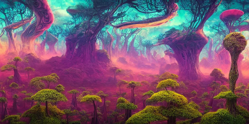 Prompt: a view of a surreal alien variated fractal landscape with gigantic and small colorful weird trees and flora in a large alien forest scattered across the vast landscapes, surreal clouds, floating islands, 8 k, retro, detailed, vibrant, weird skies, extradimensional, galaxies, atmospheric, trending on artstation