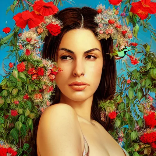 Image similar to head and shoulder portrait of monica belucci surrounded by hummingbirds and fine floral ornaments, eye - level medium - angle shot, intricate, floral background, by esao andrews, by m. w. kaluta, by yoshita amano, moody evening lightingnatural lighting, smooth, 3 d octane render, depth perception, 4 k,, artstation