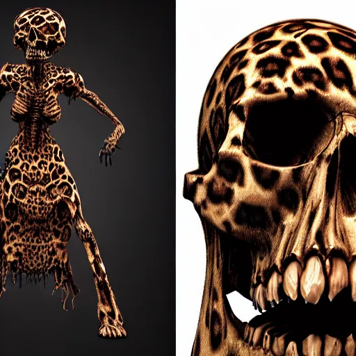 Prompt: Skull that look too much like skull!, crypt lurker, 8k CG character rendering of a spider-like hunting female on its back, fangs extended, wearing a leopard-patterned dress, set against a white background, with textured hair and skin.