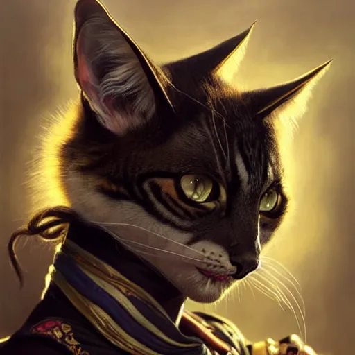 Image similar to portrait painting of a punk tabaxi bard with tuxedo fur, ultra realistic, concept art, intricate details, eerie, highly detailed, photorealistic, octane render, 8 k, unreal engine. art by artgerm and greg rutkowski and charlie bowater and magali villeneuve and alphonse mucha