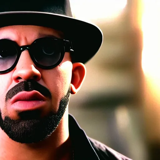 Prompt: cinematic film still of Drake starring in a Steven Spielberg film as Bad Bunny, candid photo, 1999, shallow depth of field, photograph, epic lighting