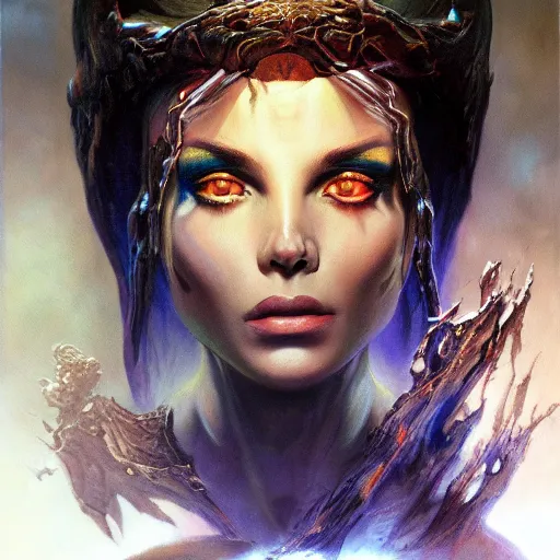 Prompt: ultra realistic medium shot head and shoulders masterpiece portrait painting of the moonbow queen, cosmic horror, artstation, art by frank frazetta, 4 k, ultra realistic, highly detailed, epic lighting