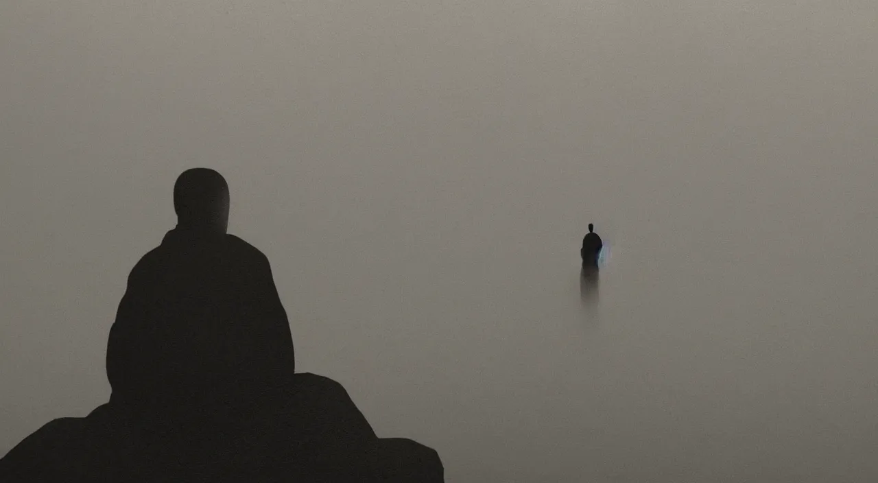 Image similar to anderson debernardi painted style a one silhouette of a meditating monk sitting in the fog on a stone protruding from the water in the rays of the morning sun