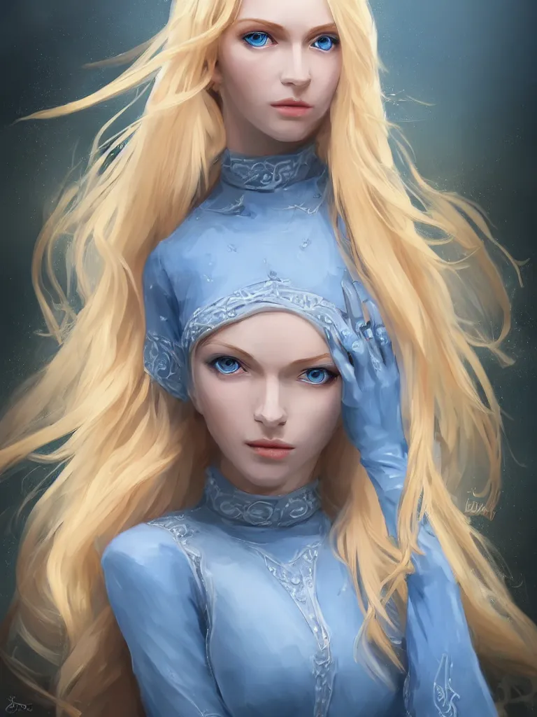 Prompt: A beautiful blonde Slavic woman in her early 30’s, highly detailed full body, beautiful blue eyes, detailed, wearing fancy clothes, highly detailed figure, epic composition, ultra wide-shot, dynamic pose, concept art, beautifully lit, digital painting, smooth, desaturated color theme, character design, sharp focus, elegant, intricate, post processing, artstation, by WLOP, James Jean, Victo Ngai, ryohei hase