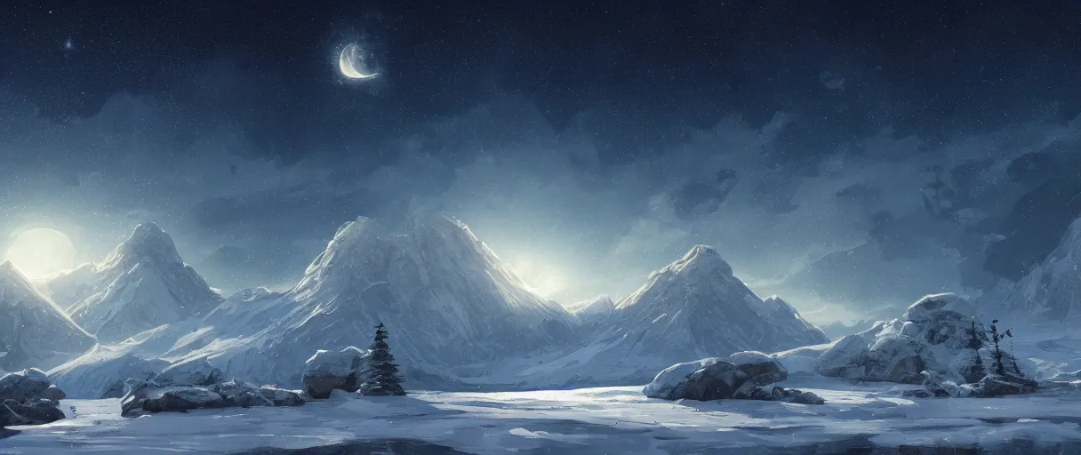 Image similar to snowy mountain range, stars in sky, whales flying in clouds, digital painting, concept art, high detail, style of Jordan Grimmer, fluffy calm clouds, matte painting, high res, moon shine, volumetric, starry sky