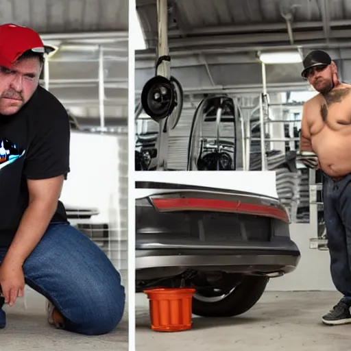 Prompt: a car mechanic wearing a backwards nike trucker hat, has an unkept black mullet, only fat on his body is a small bump around his belly, he stands 6 feet 4 inches, boxy chest, clean shaven with scars on his long chin, his eyes are widen apart and very open