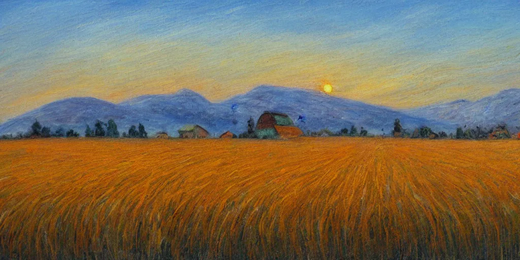 Image similar to impressionism painting of a field of hay on a foggy morning, red barn in distance, sun low on horizon through snow capped mountains
