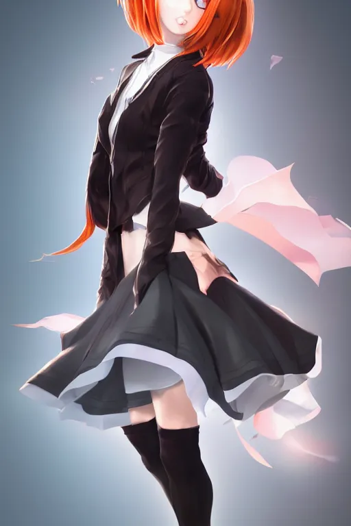 Image similar to Very complcated dynamic composition, realistic anime style at Pixiv, Zbrush sculpt colored, Octane render in Maya and Houdini VFX, young redhead girl in motion, wearing jacket and skirt, silky hair, black stunning deep eyes. By ilya kuvshinov, krenz cushart, Greg Rutkowski, trending on artstation. Amazing textured brush strokes. Cinematic dramatic soft volumetric studio lighting