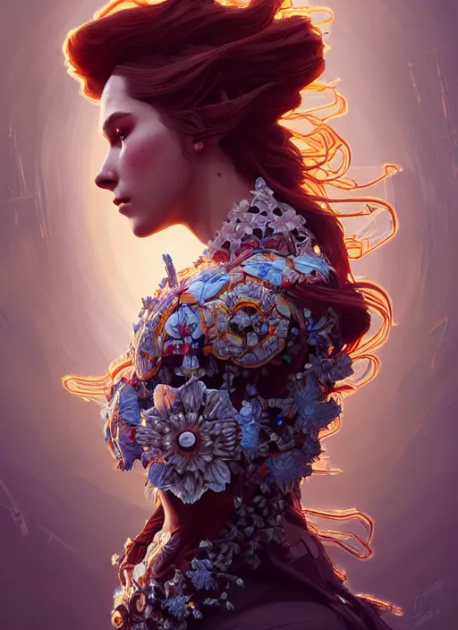 Image similar to symmetry!! portrait of floral! horizon zero dawn machine, intricate, elegant, highly detailed, digital painting, artstation, concept art, smooth, sharp focus, illustration, art by artgerm and greg rutkowski and alphonse mucha, 8 k