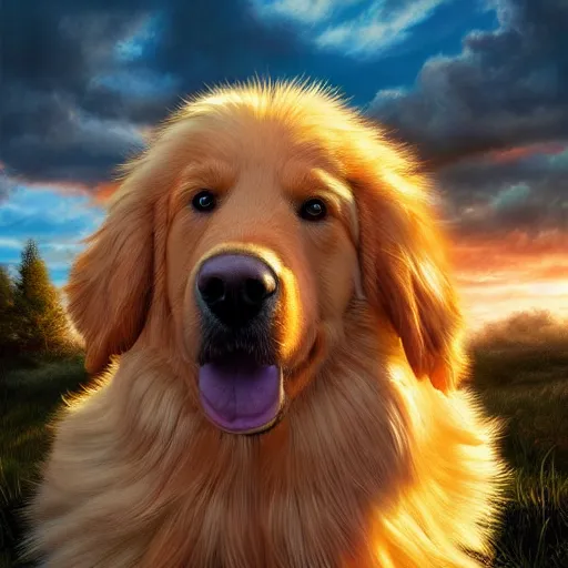 Image similar to colossal fluffy golden retriever, golden hour, fantasy, vivid colors, sharp focus, digital art, hyper - realistic, 4 k, unreal engine, highly detailed, hd, dramatic lighting by brom, trending on artstation