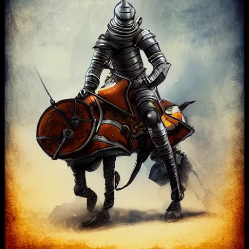 Prompt: a knight in armor riding a bicycle with training wheels on the back tire, high quality digital art trending on artstation