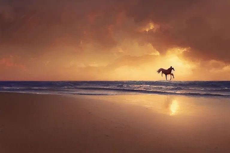 Image similar to a horse running on the beach at sunset by greg rutkowski