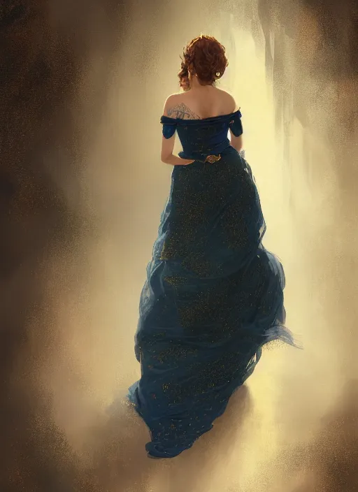 Prompt: portrait of a woman with green eyes and freckles, dressed in a navy blue gown with gold embroidered details, auburn hair, detailed face, fantasy, highly detailed, cinematic lighting, digital art painting by greg rutkowski