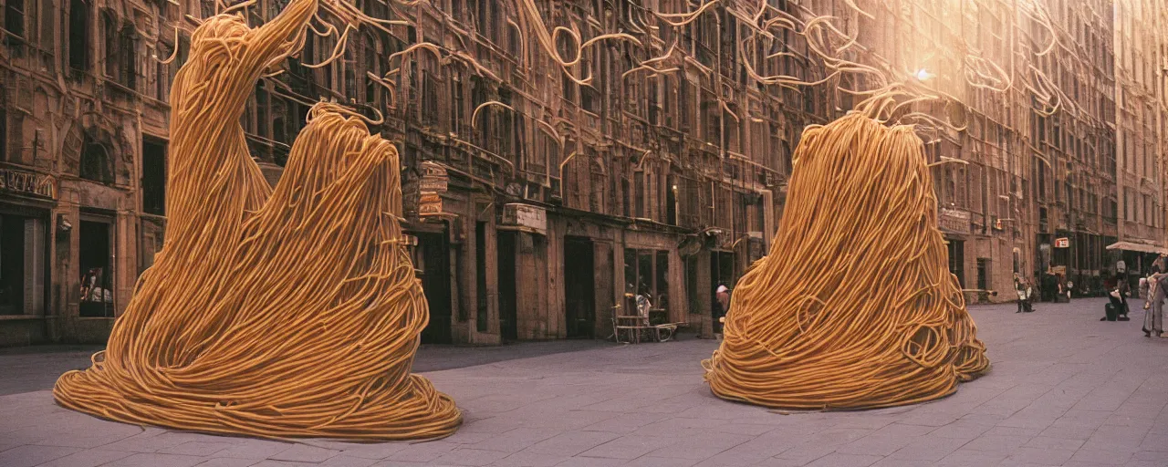 Image similar to ultra wide shot a statue of a person made of spaghetti on an empty european plaza, canon 5 0 mm, cinematic lighting, photography, retro, film, kodachrome, closeup