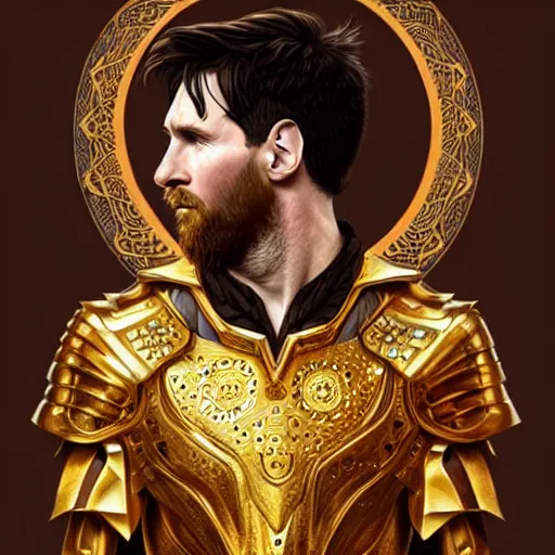 Image similar to Lionel Messi wearing a beautiful golden armor, D&D, fantasy, intricate, elegant, highly detailed, digital painting, artstation, concept art, matte, sharp focus, illustration, art by Artgerm and Greg Rutkowski and Alphonse Mucha