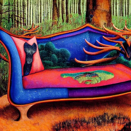 Image similar to psychedelic couch sofa in the lush pine forest, milky way, guitar, moose antlers, designed by arnold bocklin, jules bastien - lepage, tarsila do amaral, wayne barlowe and gustave baumann, cheval michael, trending on artstation, star, sharp focus, colorful refracted sparkles and lines, soft light, 8 k 4 k