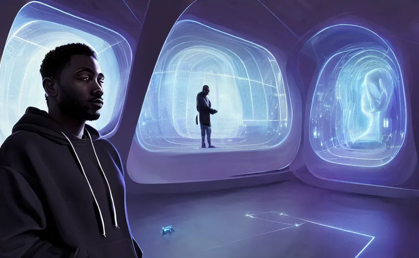 Image similar to portrait of handsome black genius wearing a hoodie in front several curved holographic displays, luxury condo interior, elegant atmosphere, glowing lights, highly detailed, digital painting, artstation, concept art, smooth, sharp focus, illustration, art by wlop, mars ravelo and greg rutkowski