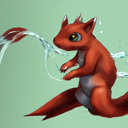 Image similar to A pokemon that looks like A Squirrel ，flying，spraying water like a shower under its body ，Trending on art station. Unreal engine.