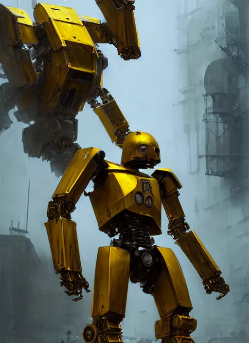 Image similar to human-sized strong intricate yellow pit droid, carrying longsword and big paladin shield, pancake flat head, exposed metal bones, painterly humanoid mecha, full body, sharp focus, cinematic, by Greg Rutkowski