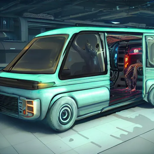 Prompt: cyberpunk alien concept of the a - team van, futuristic look, highly detailed body, very powerful, photorealistic camera shot, crisp quality and light reflections, unreal engine 5 quality render